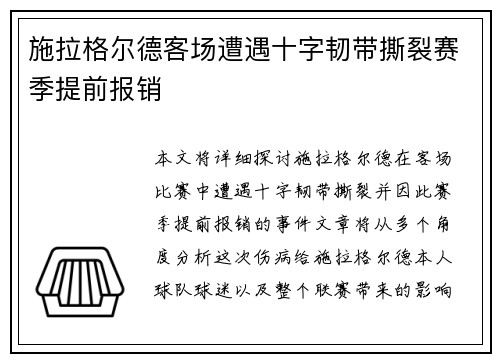施拉格尔德客场遭遇十字韧带撕裂赛季提前报销